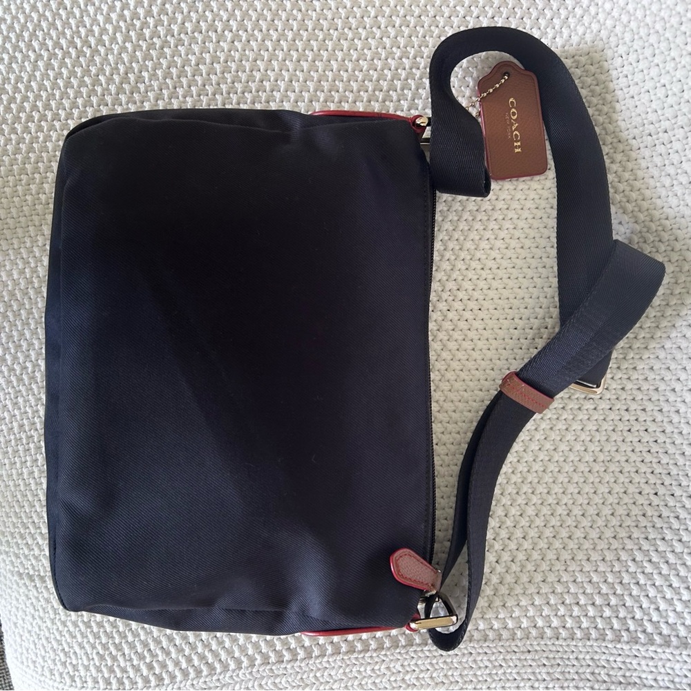Coach Sawyer Navy Adjustable Crossbody with Tan Trim and Red Stitching - Picture 7 of 10